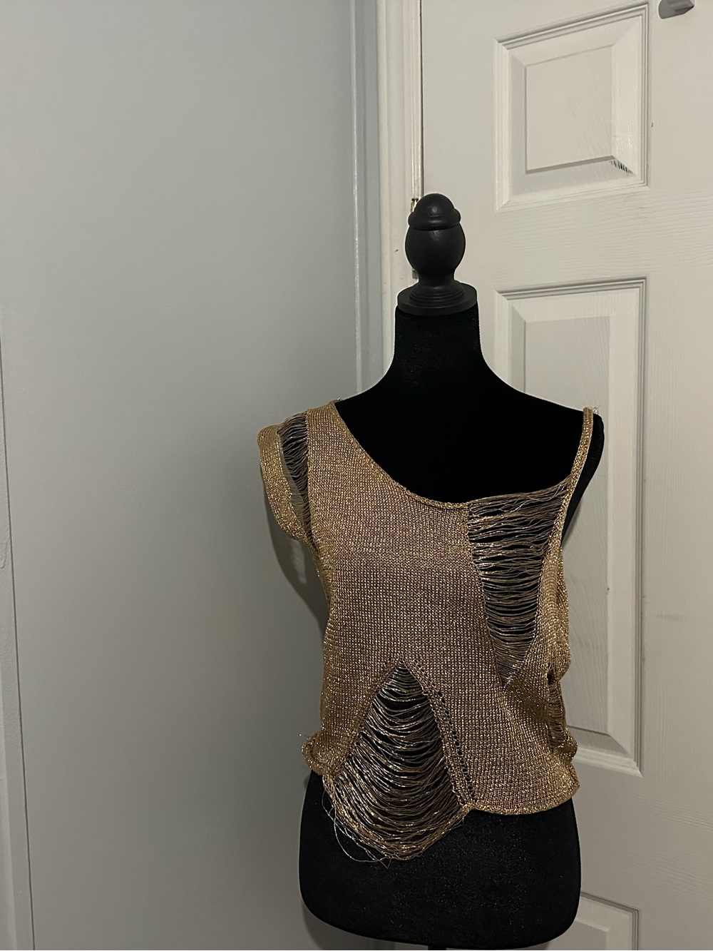 Gold Metallic Distressed Knit Tank Top